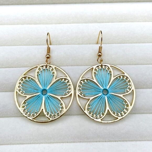 Yellow Gold with Round Blue Threaded Flower Dangling Drop Hook Earrings - Picture 3 of 8